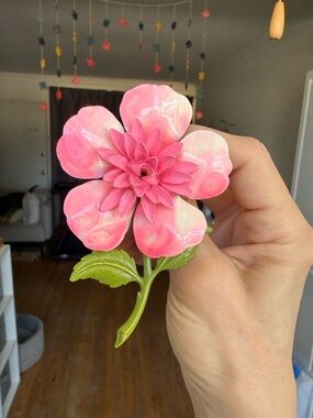 Decorative Pink Faux Flower Brooch with Green Stem